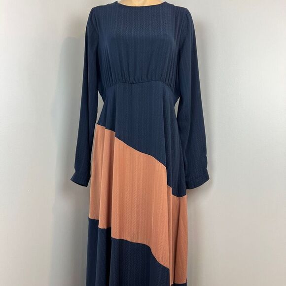 Ghospell Women's Large Colorblock Blue Peach Long Sleeve Maxi Dress Peasant Chic - Picture 1 of 15